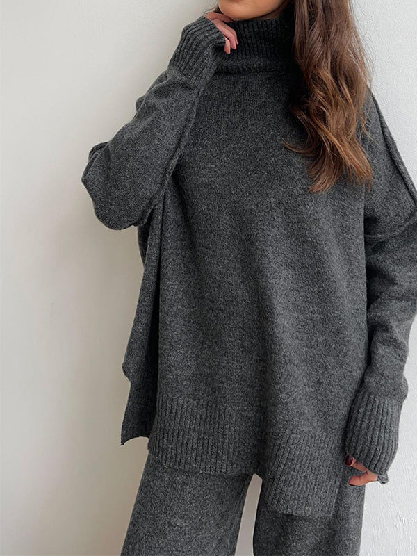 Chique Gebreide Loungewear Set: Trui met Rolkraag & Wijde Broek