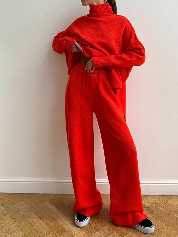 Chique Gebreide Loungewear Set: Trui met Rolkraag & Wijde Broek