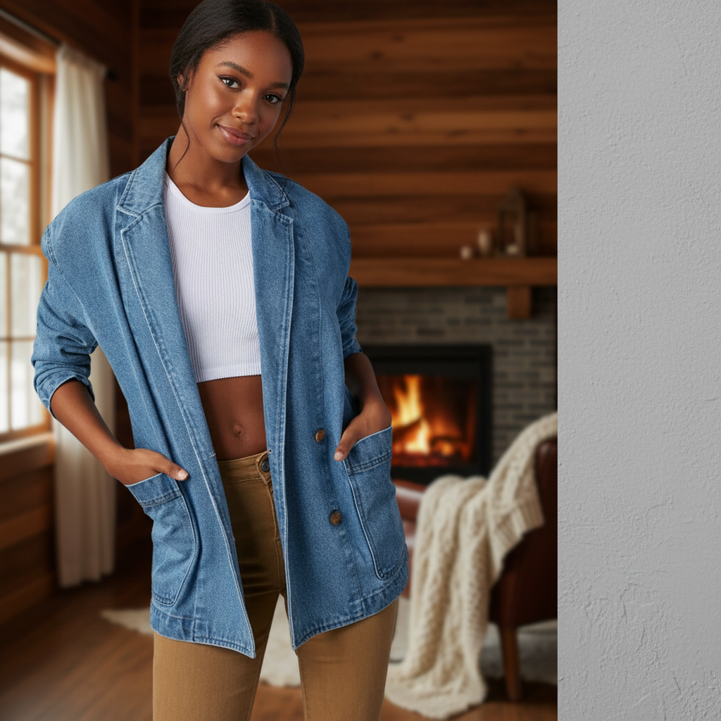 Blauwe Denim Blazer met Praktische Zakken