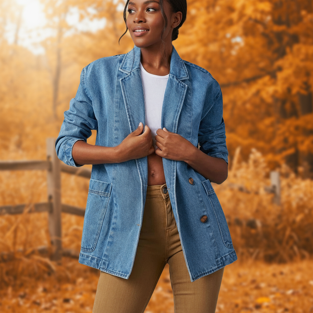 Blauwe Denim Blazer met Praktische Zakken