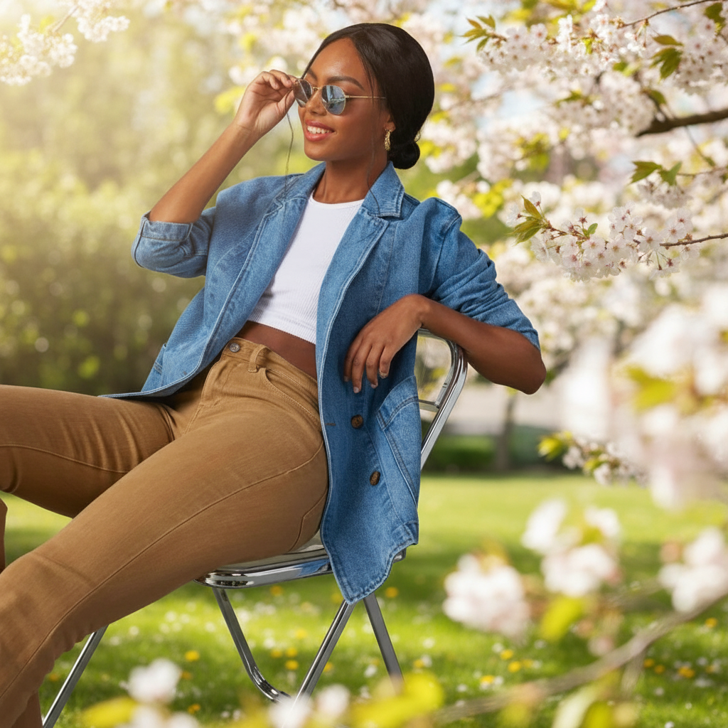 Blauwe Denim Blazer met Praktische Zakken