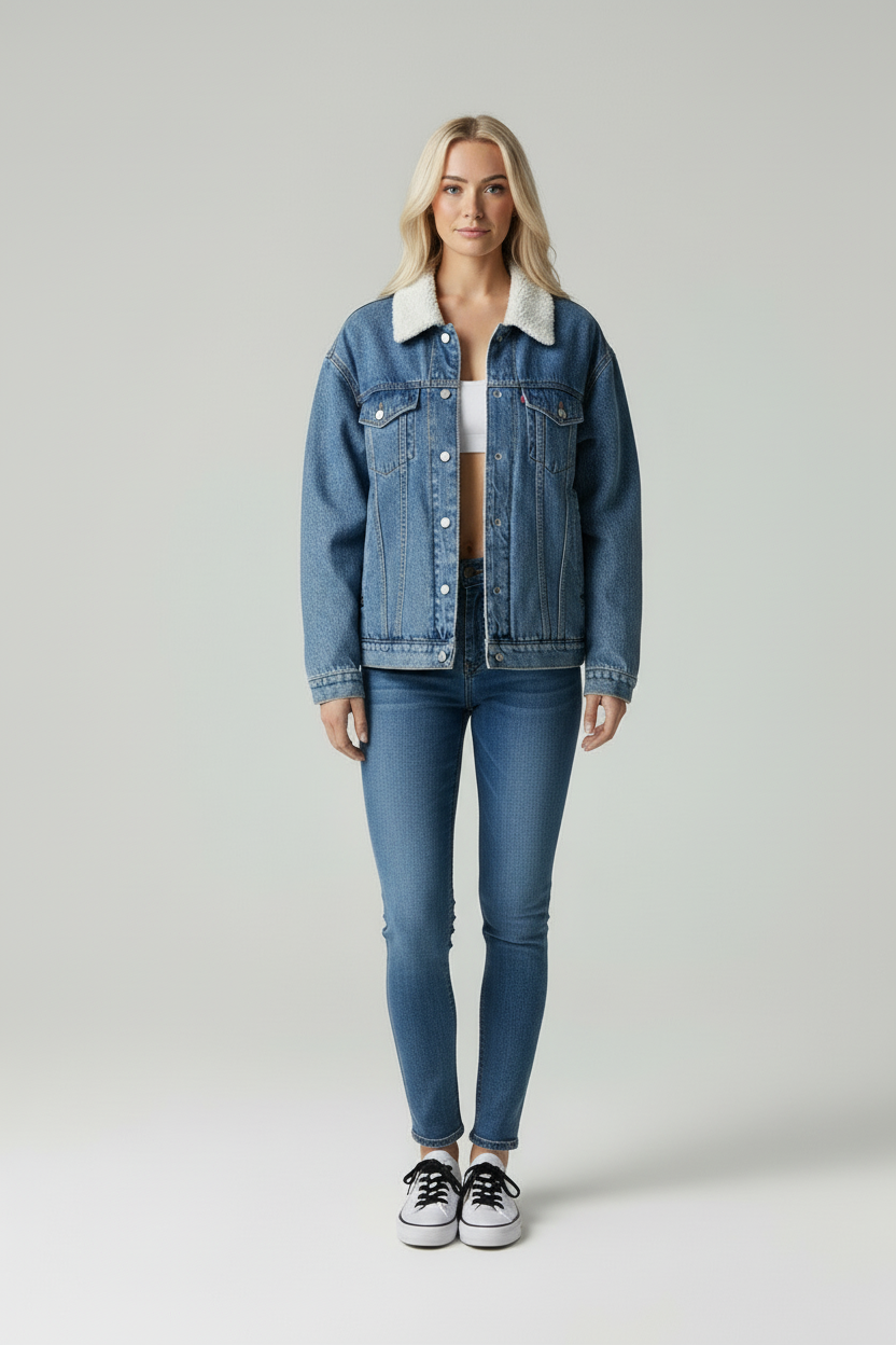 Casual Denim Jas met Warme Sherpa Kraag