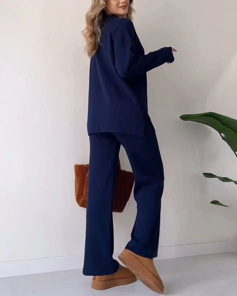 Casual Gebreide Tweedelige Set - Polo Kraag & Wijde Pijpen