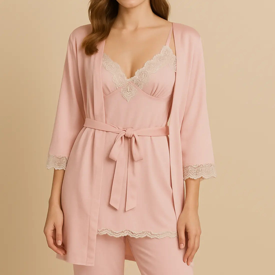 Lily Dames 5-Delige Satijnen Pyjamaset VIQA© NEDERLANDRoze-XL