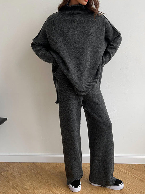 Chique Gebreide Loungewear Set: Trui met Rolkraag & Wijde Broek