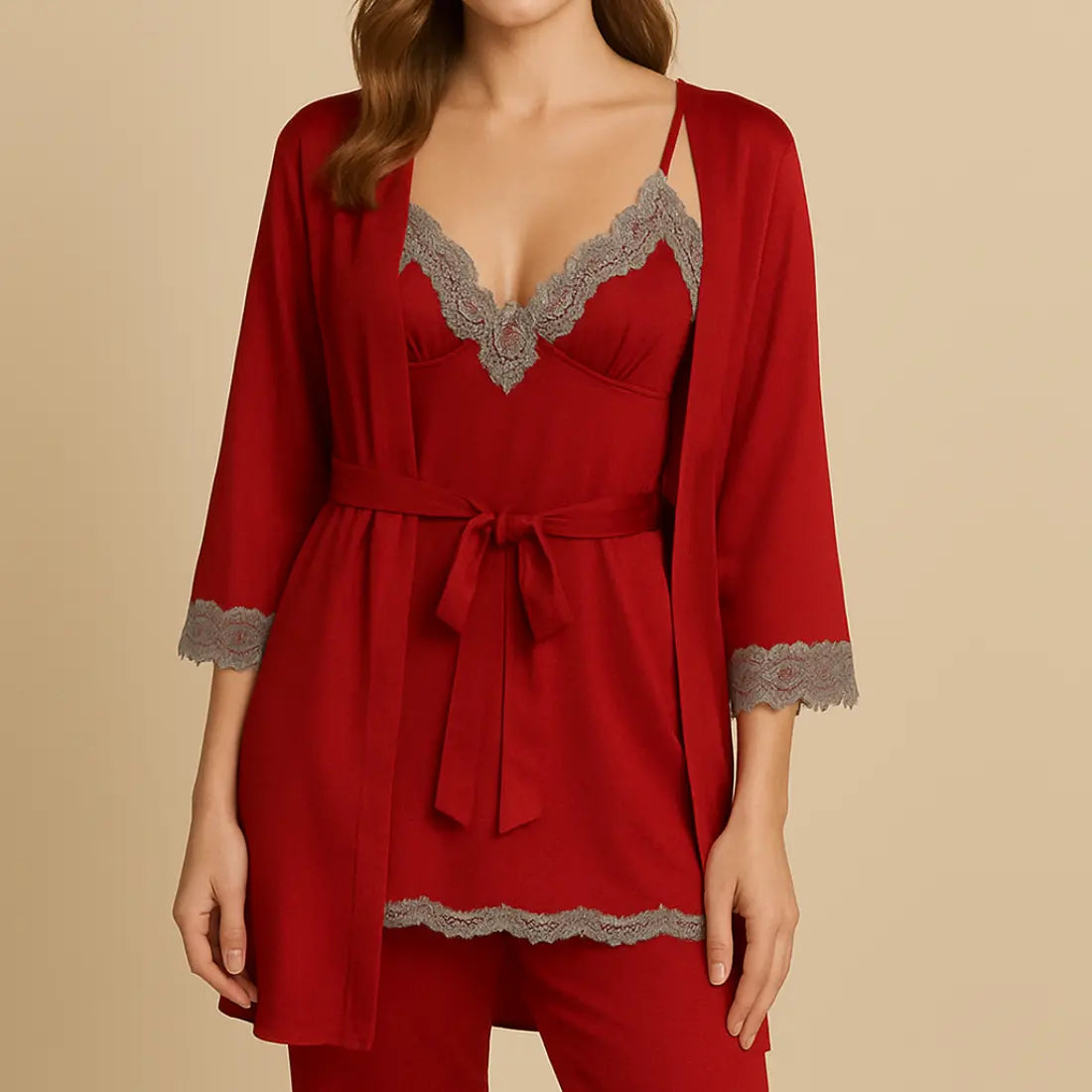 Lily Dames 5-Delige Satijnen Pyjamaset VIQA© NEDERLANDRood-XL