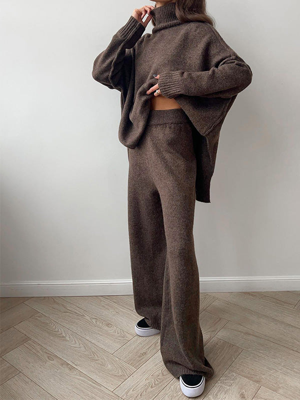 Chique Gebreide Loungewear Set: Trui met Rolkraag & Wijde Broek
