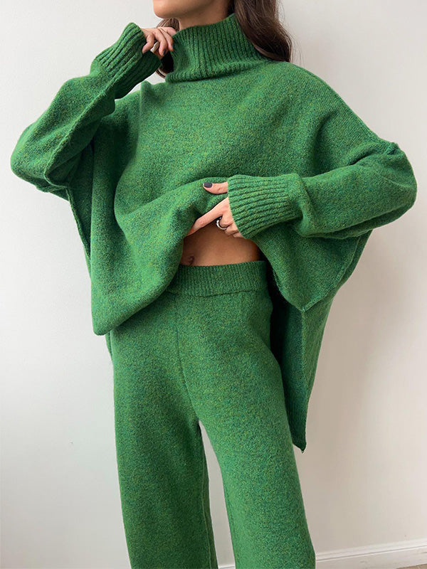 Chique Gebreide Loungewear Set: Trui met Rolkraag & Wijde Broek