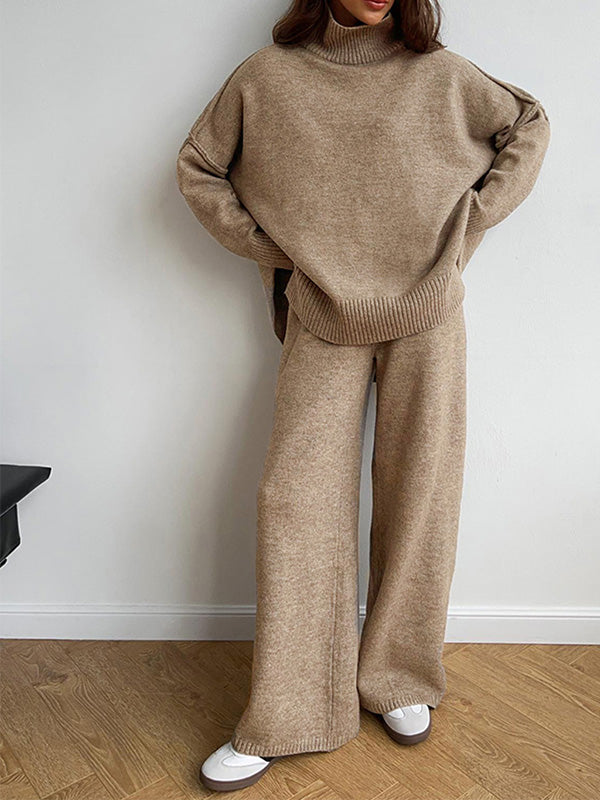 Chique Gebreide Loungewear Set: Trui met Rolkraag & Wijde Broek