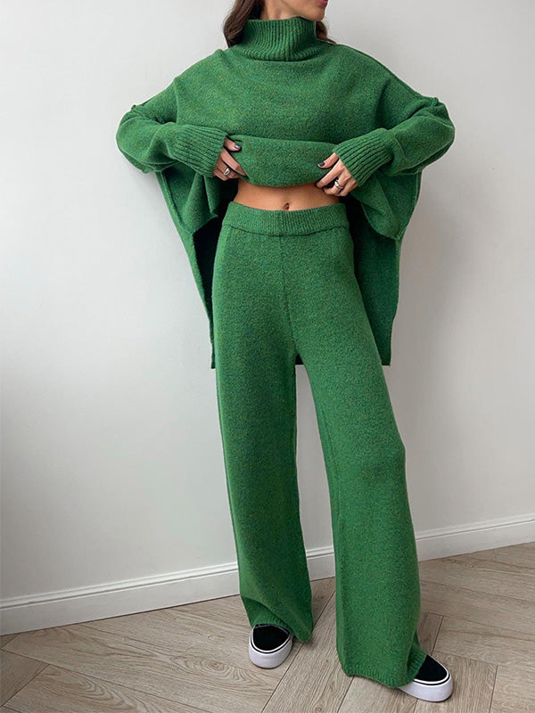 Chique Gebreide Loungewear Set: Trui met Rolkraag & Wijde Broek