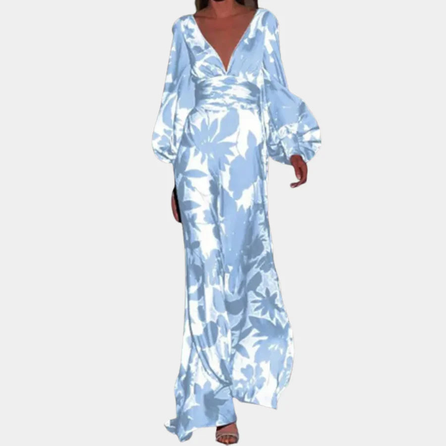 Bohemian Maxi Jurk met Bladerprint & Ballonmouwen