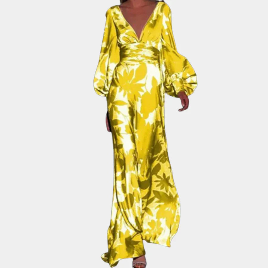 Bohemian Maxi Jurk met Bladerprint & Ballonmouwen