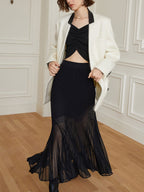 Zwarte Chiffon Plissé Midi Rok met Gebreide Top