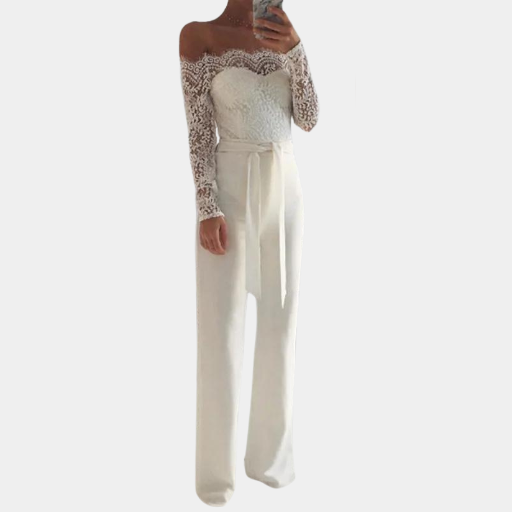 Off-Shoulder Jumpsuit met Kant & Strikdetail
