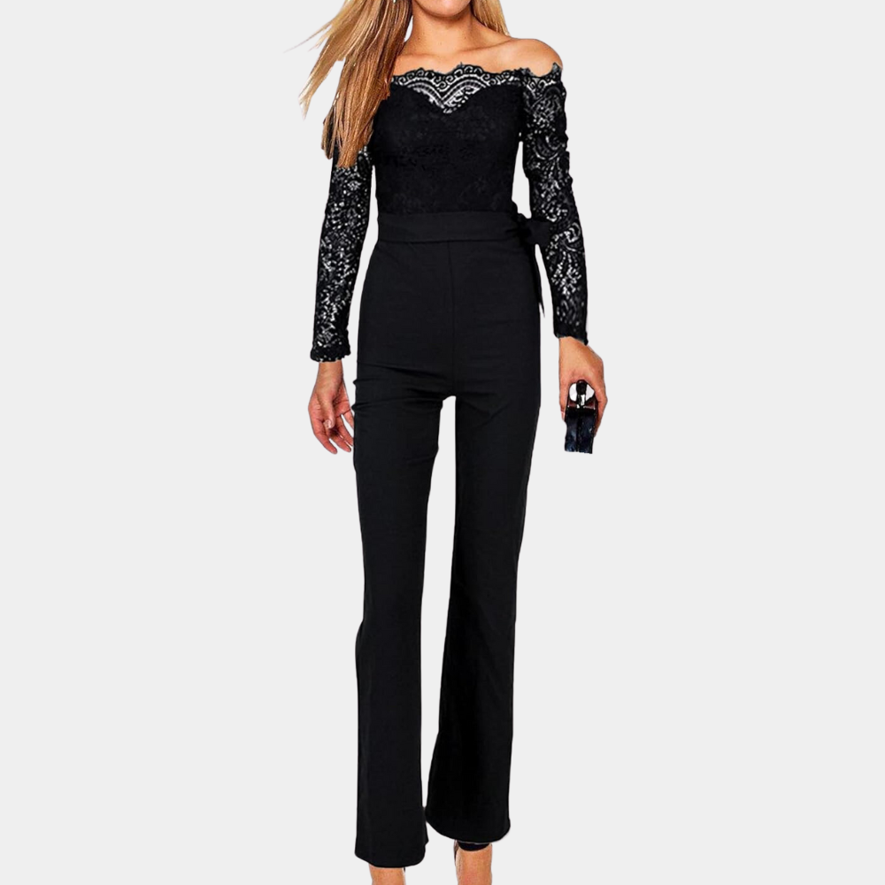 Off-Shoulder Jumpsuit met Kant & Strikdetail