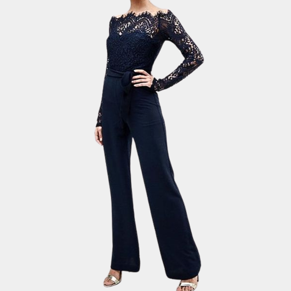 Off-Shoulder Jumpsuit met Kant & Strikdetail
