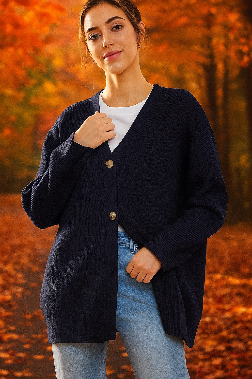 Oversized V-hals gebreide cardigan met knoopsluiting