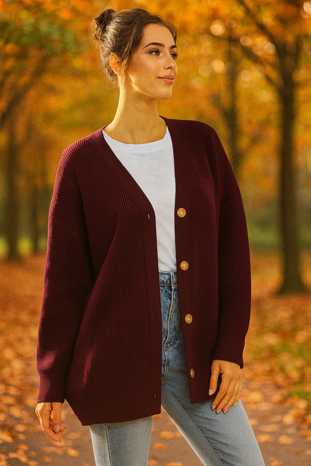 Oversized V-hals gebreide cardigan met knoopsluiting