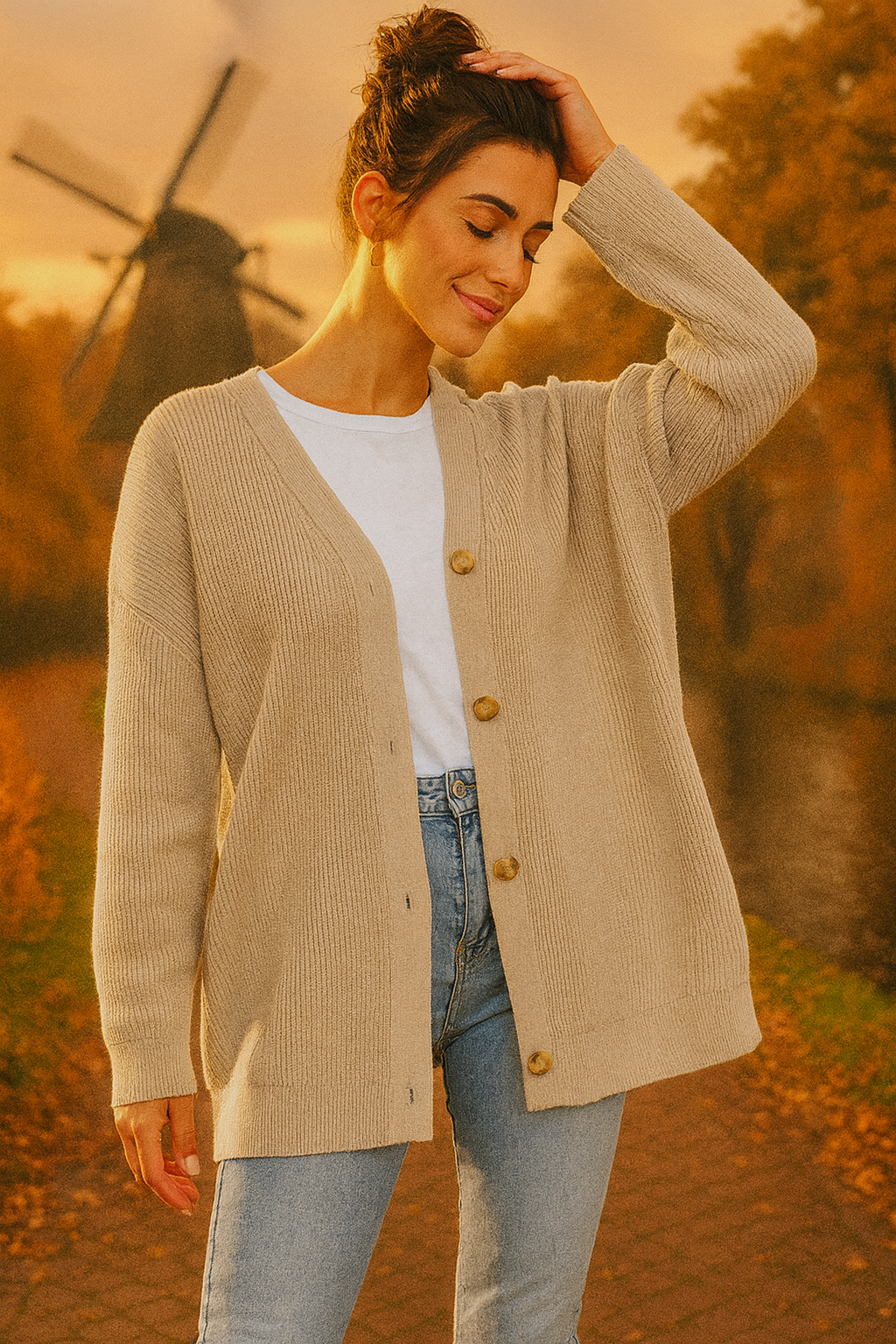 Oversized V-hals gebreide cardigan met knoopsluiting