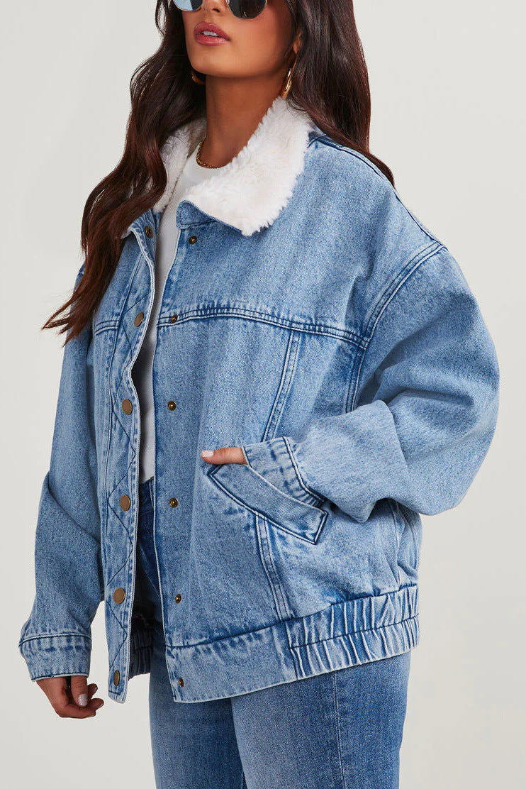 Casual Denim Jas met Warme Sherpa Kraag