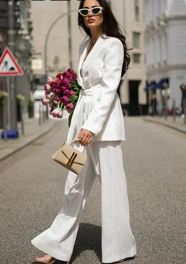 Chique Roze Blazer Set met Wijde Broek - Dames