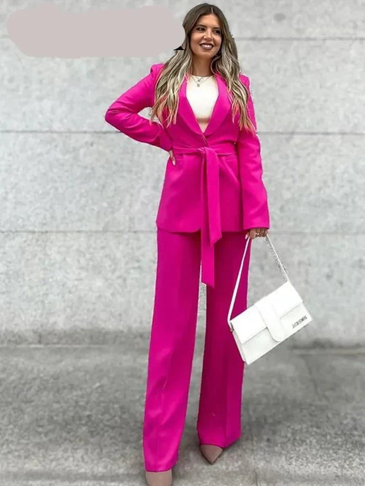 Chique Roze Blazer Set met Wijde Broek - Dames