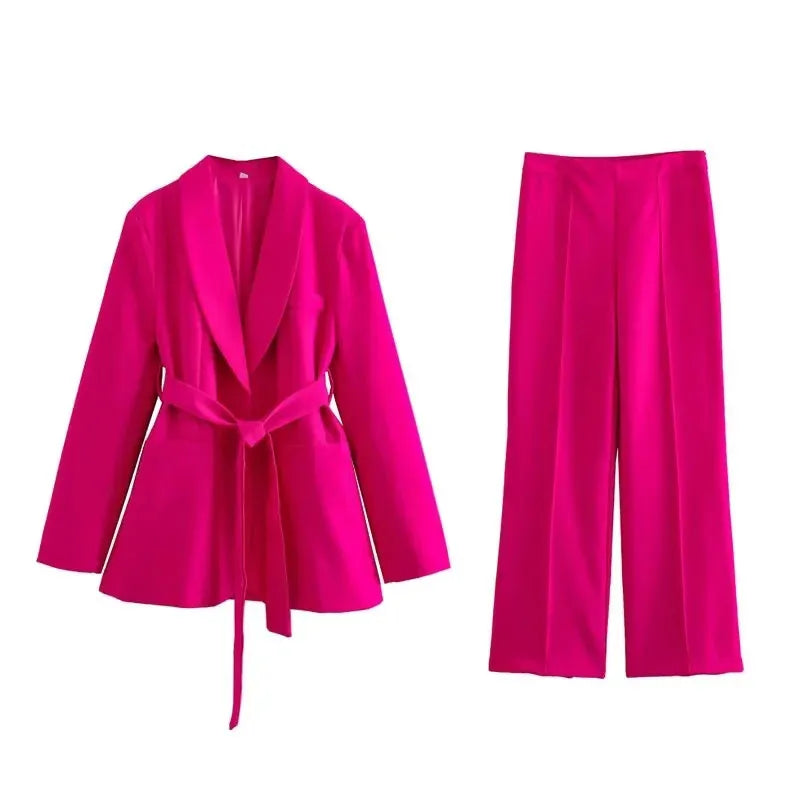 Chique Roze Blazer Set met Wijde Broek - Dames