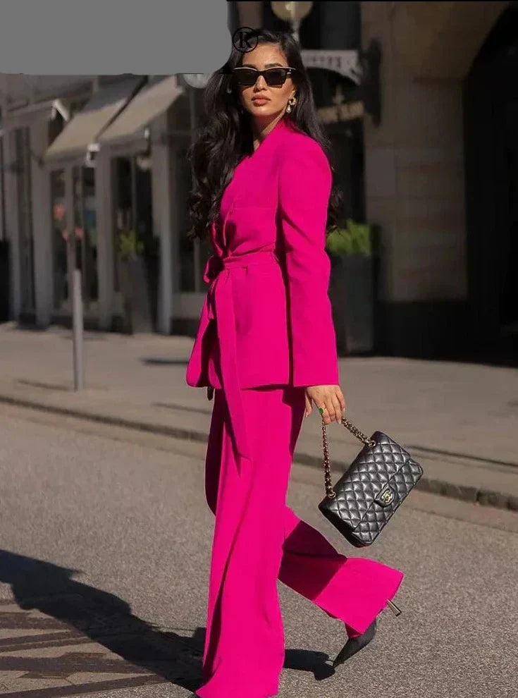 Chique Roze Blazer Set met Wijde Broek - Dames