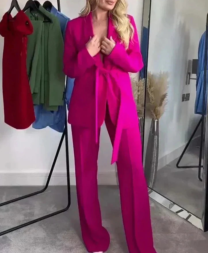 Chique Roze Blazer Set met Wijde Broek - Dames