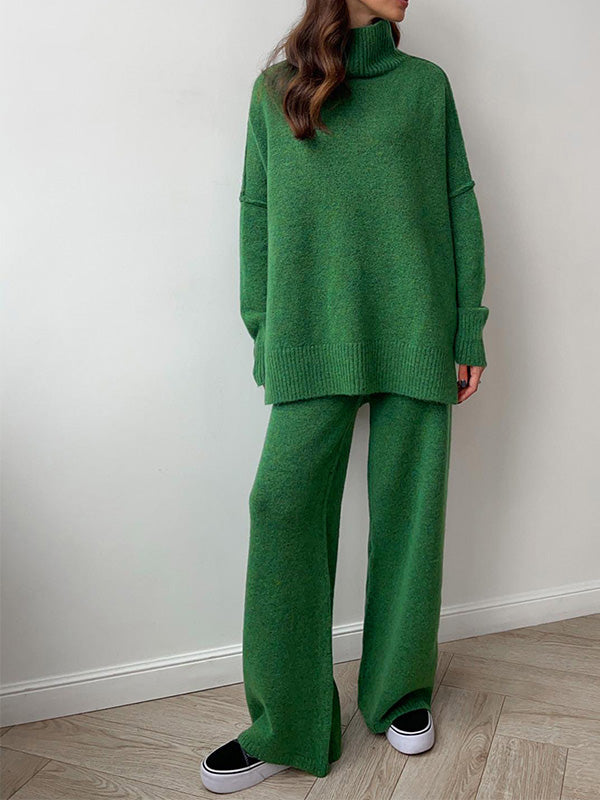 Chique Gebreide Loungewear Set: Trui met Rolkraag & Wijde Broek