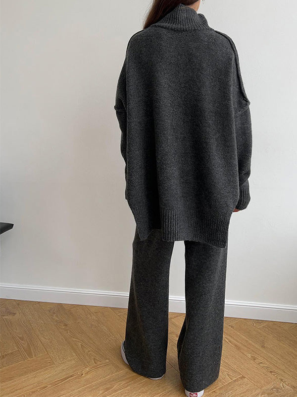 Chique Gebreide Loungewear Set: Trui met Rolkraag & Wijde Broek