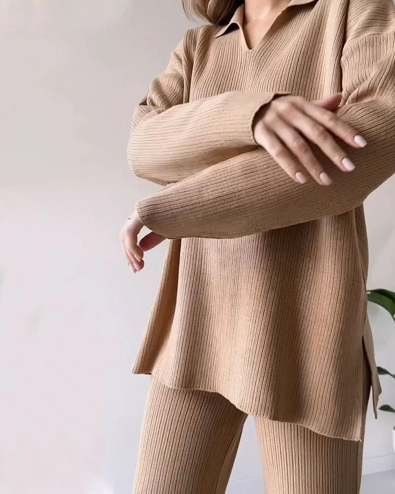 Casual Gebreide Tweedelige Set - Polo Kraag & Wijde Pijpen