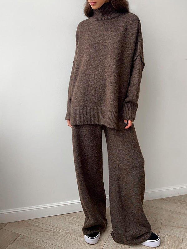 Chique Gebreide Loungewear Set: Trui met Rolkraag & Wijde Broek