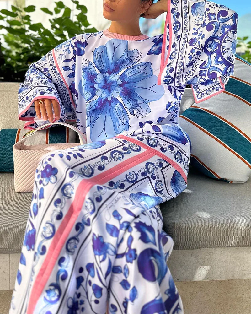 Zomer Tweedelige Set Wijde Pasvorm - Bloemendesign