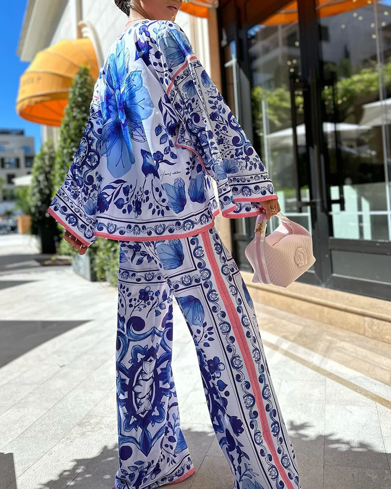 Zomer Tweedelige Set Wijde Pasvorm - Bloemendesign