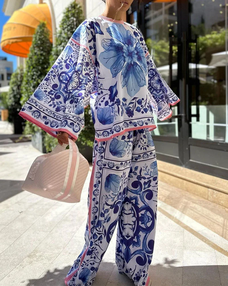 Zomer Tweedelige Set Wijde Pasvorm - Bloemendesign