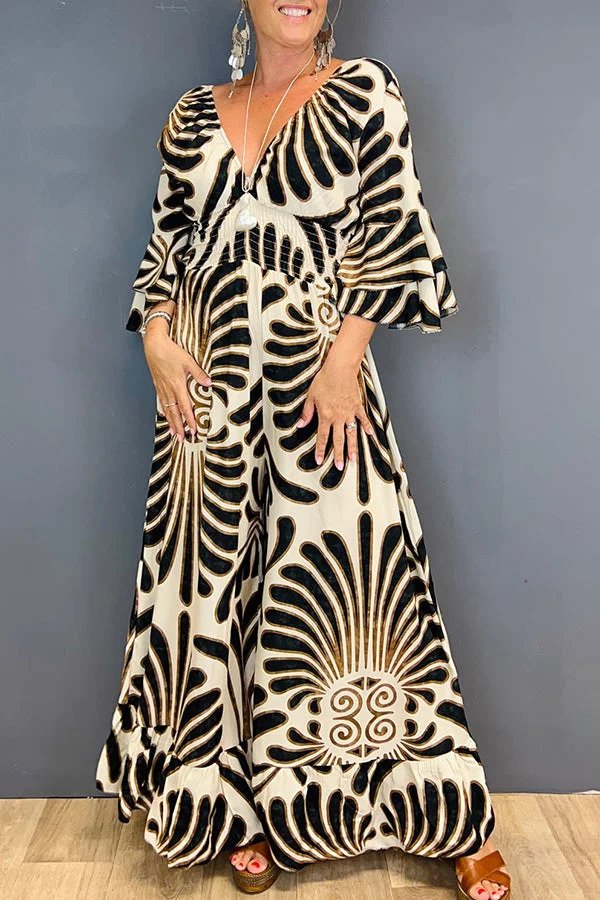 Bohemian Maxi Jurk met Abstracte Print & Ruches