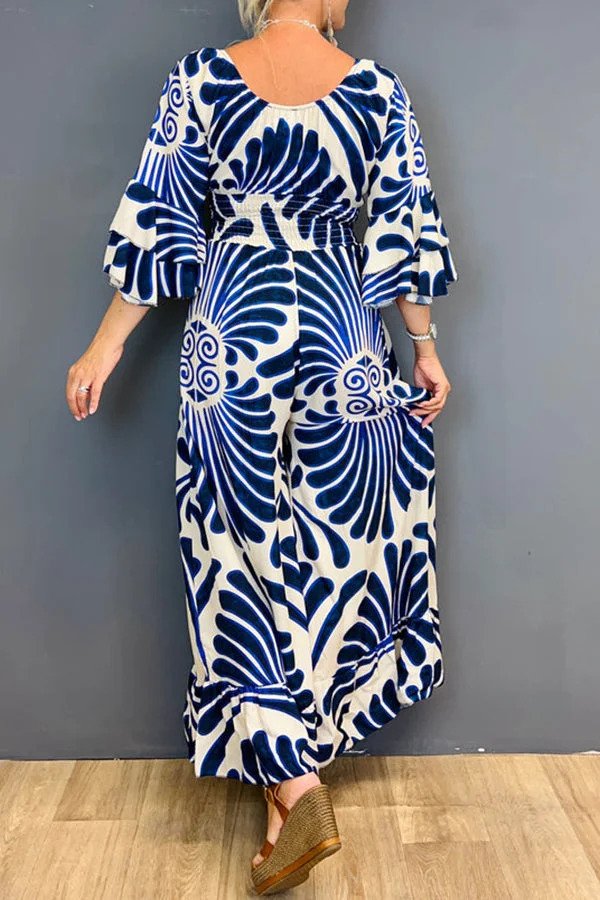 Bohemian Maxi Jurk met Abstracte Print & Ruches