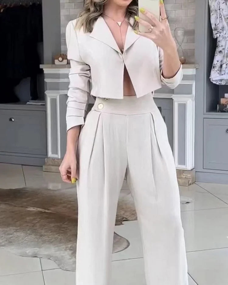 Moderne Tweedelige Set - Colbert & Wijde Broek Wit