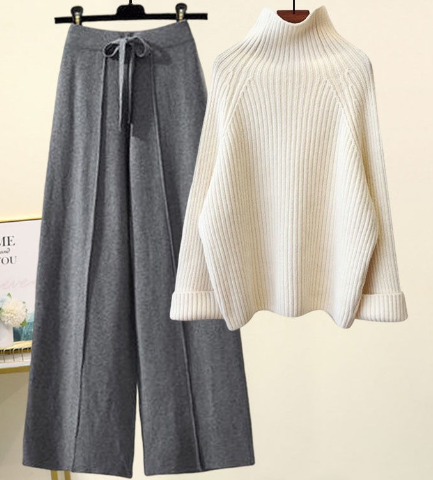 Comfortabele Gebreide Set - Mock Neck & Wijde Pijpen