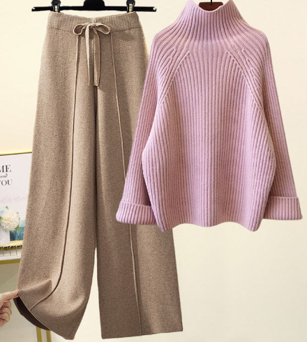 Comfortabele Gebreide Set - Mock Neck & Wijde Pijpen