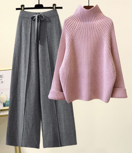 Comfortabele Gebreide Set - Mock Neck & Wijde Pijpen