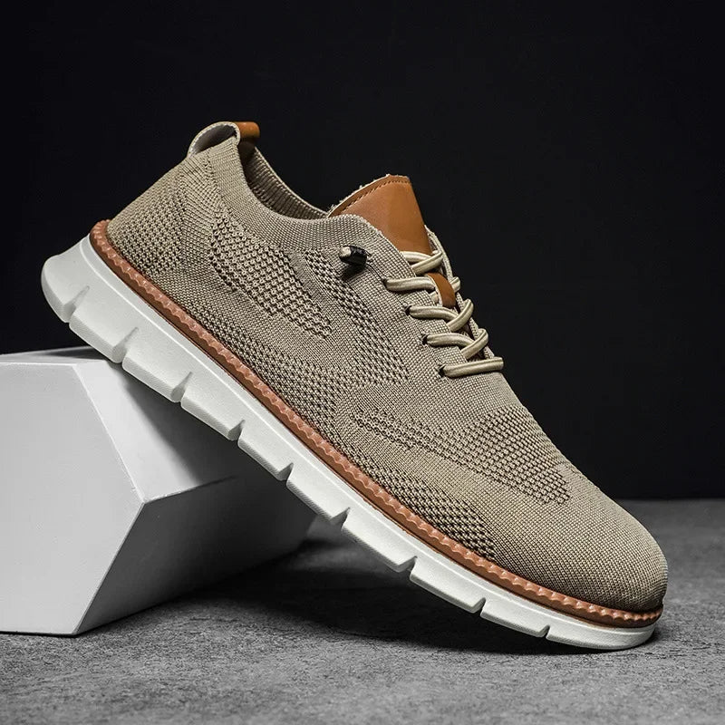 Casual Beige Gebreide Herenschoenen met Leren Hiel