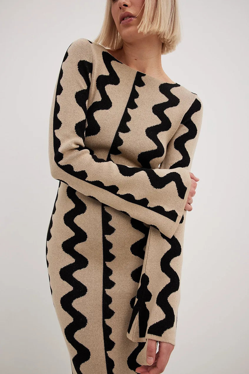 Gebreide Midi Jurk met Golvend Patroon - Nauwsluitend
